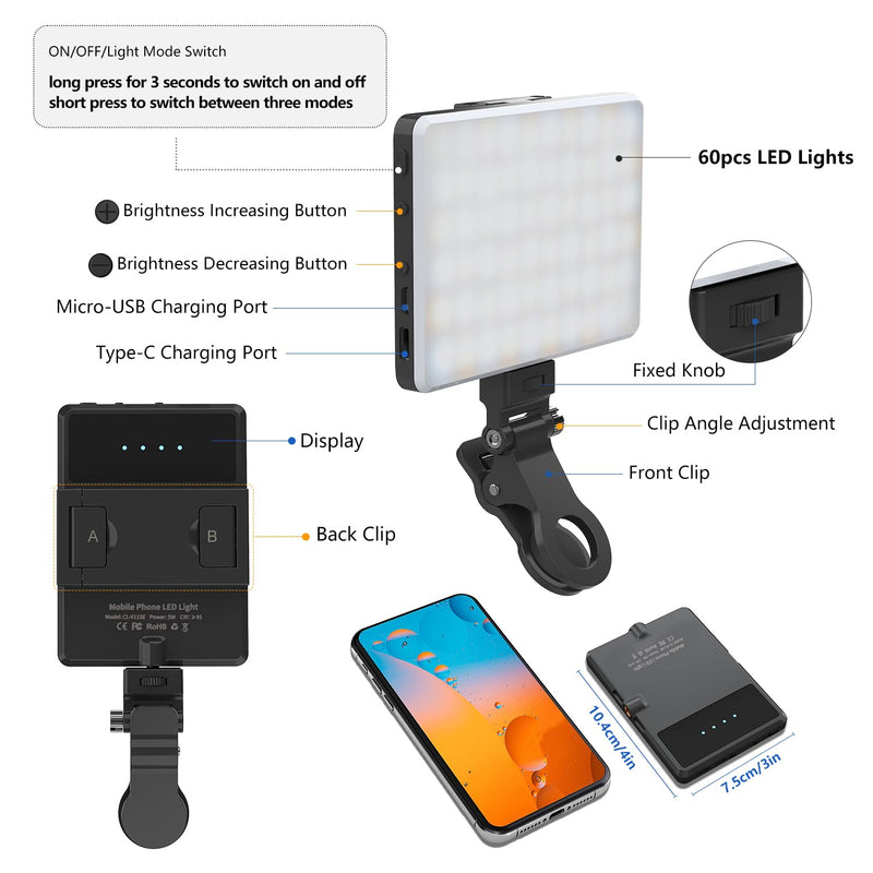 Selfie Light, Phone Light with Front & Back Clip(2 Pack), 60 LED Portable Light with 3 Light Modes, 5000mAh Rechargeable Video Light for Phone, iPhone, Laptop, TikTok, Makeup, Live Stream, Vlog 2Pack Black