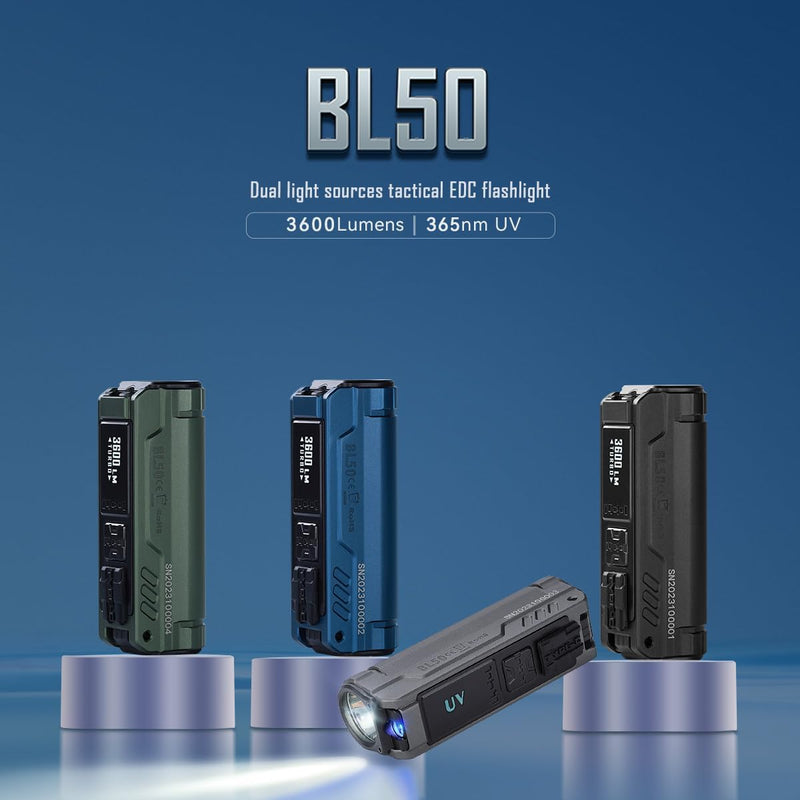 IMALENT BL50 Rechargeable EDC Flashlight 3600 Lumens, UV Light and White LED, High Lumens Portable Flashlights Dual Light Source Pocket Lights for Emergency and Camping (Black) Black