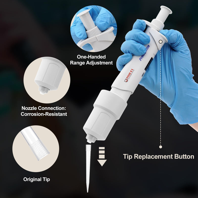 4E's USA Lab 1-10mL Pipette: Single-Channel Adjustable Micropipette with Color-Coded Top (Grey), 4 Digit Display, Universal Tip Cone, High Accuracy, ISO 8655 Calibrated & Lower Portion Autoclavable