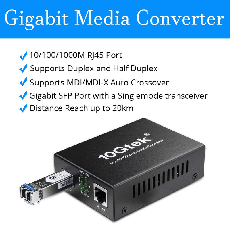 A Pair of Gigabit Single Mode LC Fiber Media Converter, with 2 Pcs SFP LX Modules, 1.25G/s Fiber to Ethernet Converter, 1000Base-LX to 10/100/1000base-TX, SFP to RJ45, SMF, 1310nm, up to 20km Single Mode: 20km 2 Packs
