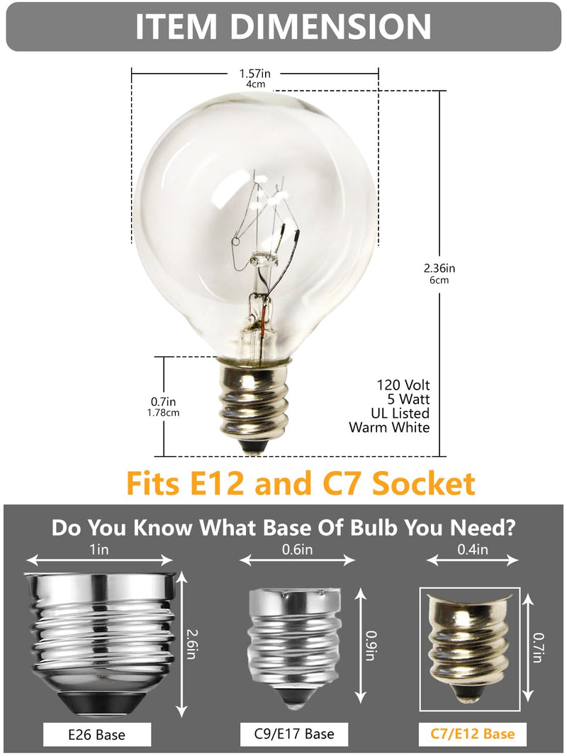 SUNSGNE G40 Replacement Light Bulbs, 5 Watt Clear Bulbs 1.5 Inch Globe Light Bulbs for Indoor Outdoor String Lights Replacement, Fits E12/C7 Screw Base Socket, 50 Pack Clear-50 Count