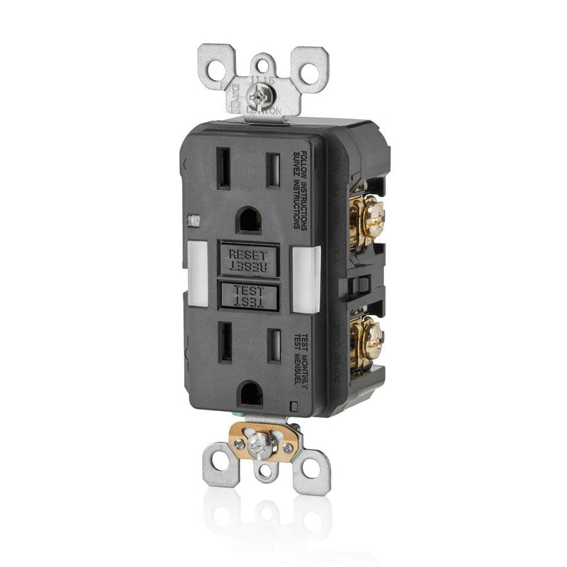Leviton Self-Test SmartlockPro Slim GFCI Tamper-Resistant Receptacle with Guidelight and LED Indicator, 15 Amp, GFNL1-E, Black