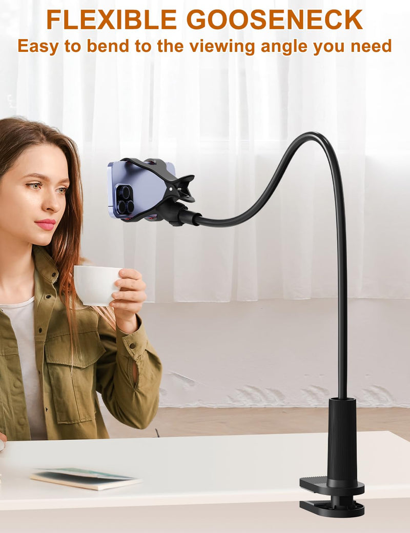Phone Holder for Bed, Gooseneck Phone Holder for Desk Bedside Table, Flexible Gooseneck Long Arm Stand with Adjustable 360°Cell Phone Mount Clamp Clip for iPhone and All 4-7" Phone