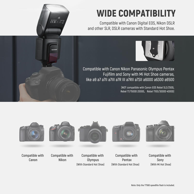 NEEWER TT560 Flash Speedlite Compatible with Canon Sony Nikon Panasonic Olympus Pentax and Other DSLR, Studio Light Digital Camera Speedlight with Standard Hot Shoe, Mini Stand, Cleaning Cloth & Bag TT560 w/Cleaning Cloth