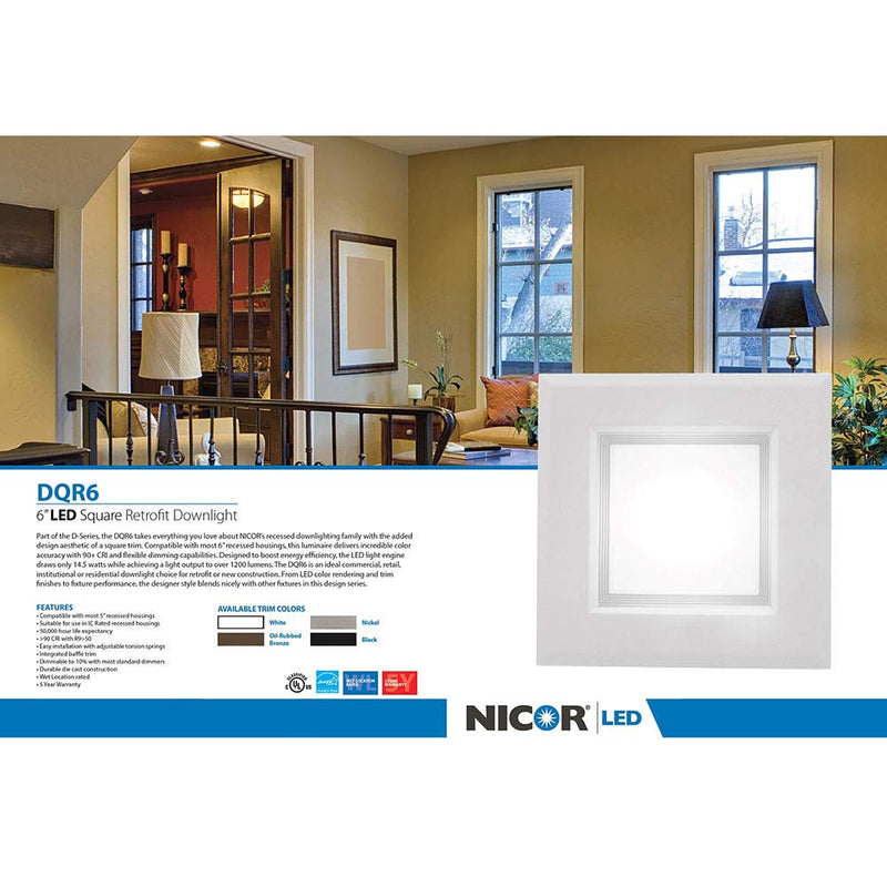 NICOR Lighting 6 inch White Square LED Recessed Downlight in 3000K (DQR6-10-120-3K-WH-BF) 3000K Color Temperature