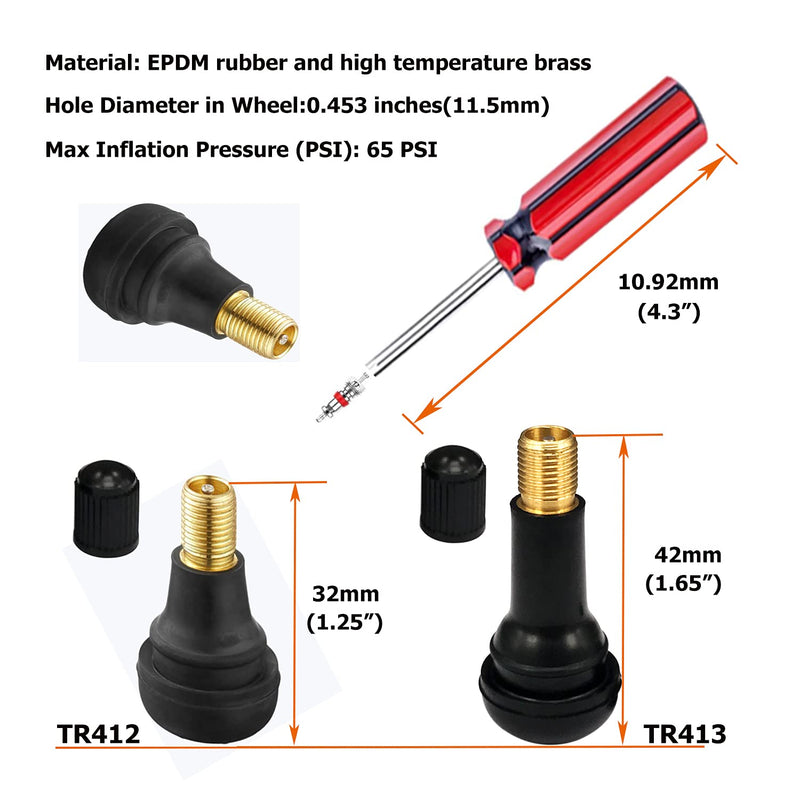 Dr.Roc Tire Valve Stem Puller Tools Set –1 x Valve Stem Installer, 10 x Brass and Ozone Resistant EPDM Snap-in Tire Valve Stem with Valve Cores (6 x TR412,4 x TR413), 1 x Valve Core Remover