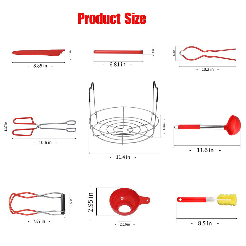 Canning Supplies Kit - 9 Piece 430 Stainless Steel : Rack,Funnel,Jar Lifter,Jar Wrench,Lid Lifter,Tongs,Spoon,Cleaning Brush/Bubble Remover Tool.Suitable for all beginners and professionals