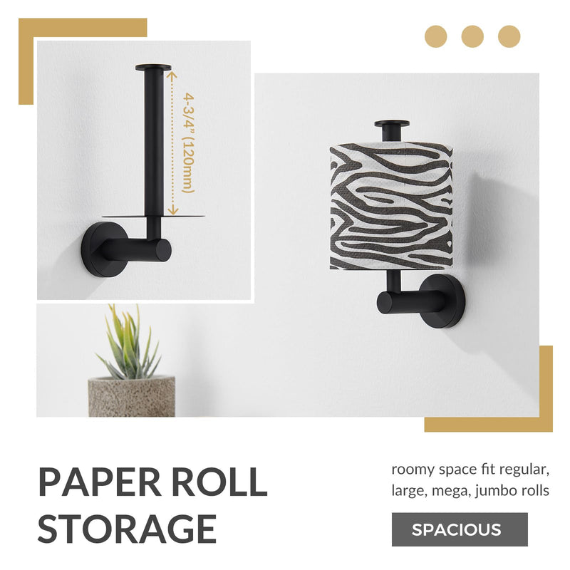Vertical Tray Toilet Paper Holder, Aomasi 304 Stainless Steel Tissue Roll Hanger with Round Plate, Matte Black Bathroom Kitchen Paper Roll Dispenser Wall Mounted