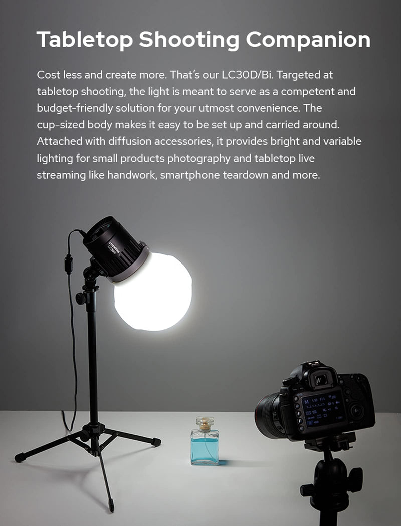 Godox LC30Bi 3200K-5600K Bi-Color Litemons Tabletop LED Light,25200LUX@0.5m, CRI 95+/TLCl 96+, 11 Preset Lighting FX Effects