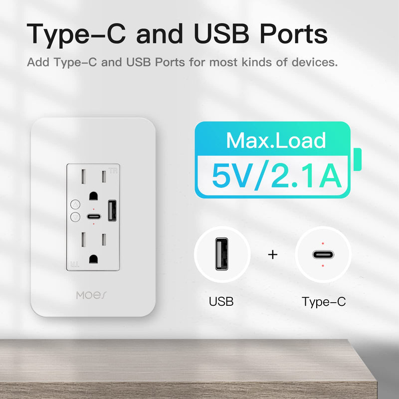 MOES Smart USB Wall Outlet Receptacle with Type-C & Type-A Charger, 2.4GHz Wi-Fi in-Wall Plug Socket, Remote Individual Control On/Off 15Amp, No Hub Required USB & Type-C Outlet 1 Pack