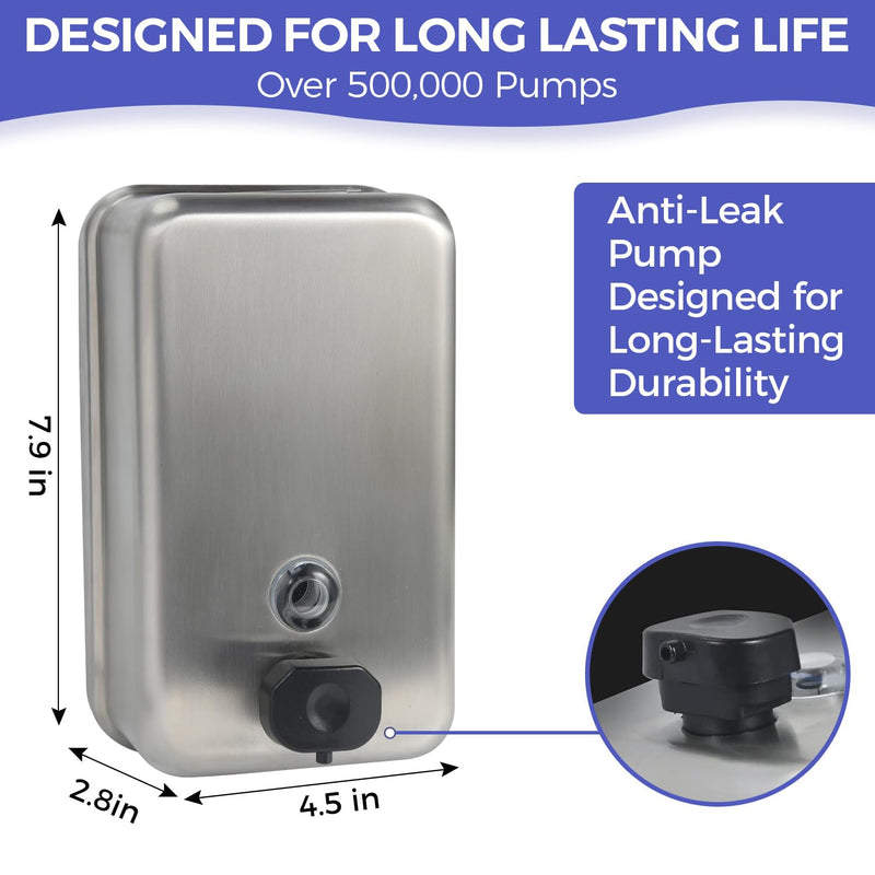 Heavy Duty Stainless Steel Wall Mount Soap Dispenser, 1100ml/37oz, with Corrosion Proof Lining and Anti-Leak Pump for Commercial & Home Bathroom Kitchen(Vertical) Vertical