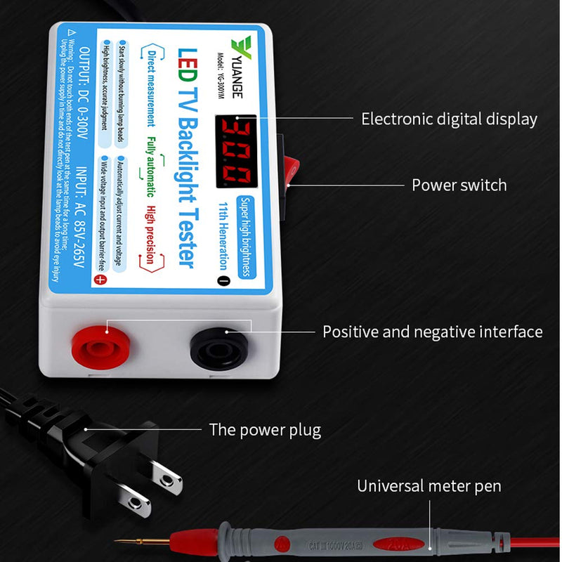 LED TV Backlight Tester, LED Strip Lamp Beads Repair Testing Tool with Gold Plated Pin and Power Cable 0-300V Adaptive Voltage, Measurement Instruments for LED Light, White