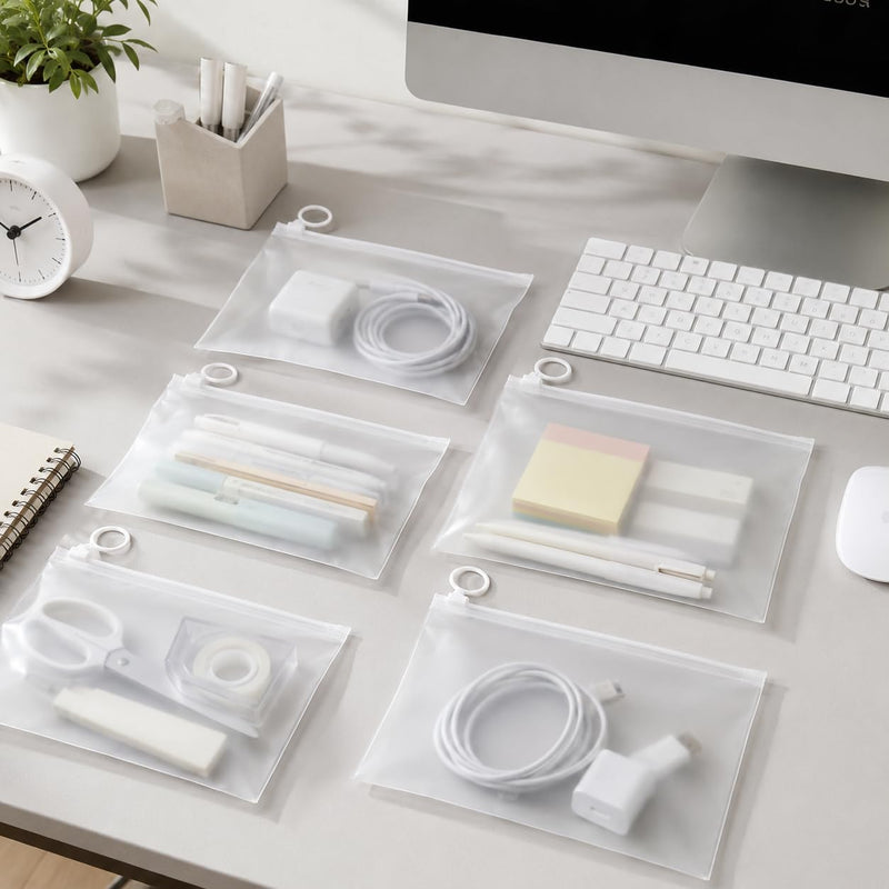 10 Pack Waterproof Clear Pouches, 11" x 7.1" Matte Storage Organizer, Zipper Plastic Bags for Office Supplies Makeup Cable Electronics for Travel Home Organizing, White Large