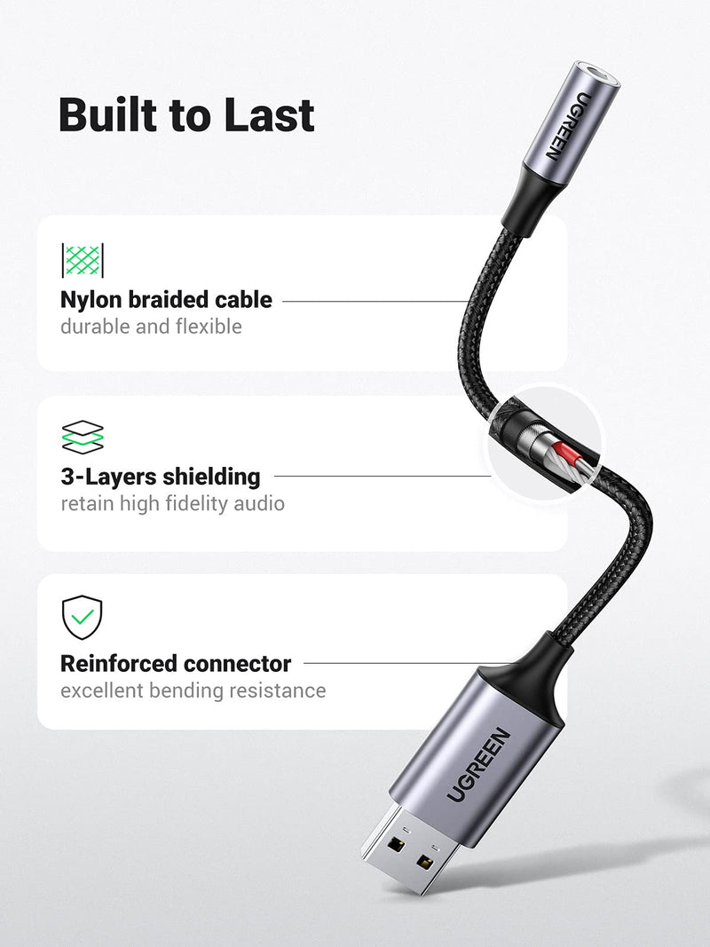 UGREEN USB to 3.5mm Jack Audio Adapter Sound Card Support Mic TRRS Headphone DAC 24bit 96kHz Nylon Braided USB to Aux Jack Compatible with Windows Mac Linux PC PS5 PS4 Switch 2 Speaker, 9.8 Inch