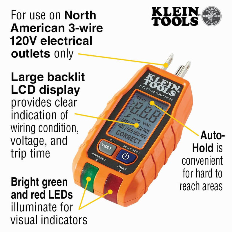 Klein Tools RT250 GFCI Outlet Tester with LCD Display, Electric Voltage Tester for Standard 3-Wire 120V Electrical Receptacles Receptacle Tester