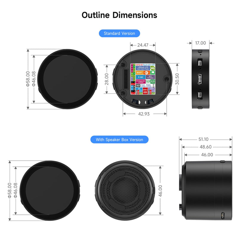 Waveshare ESP32-S3 1.85inch Round LCD Development Board, 360×360, Supports Wi-Fi & Bluetooth BLE 5, AI Speech, Smart Speaker Box, ESP32 with Display