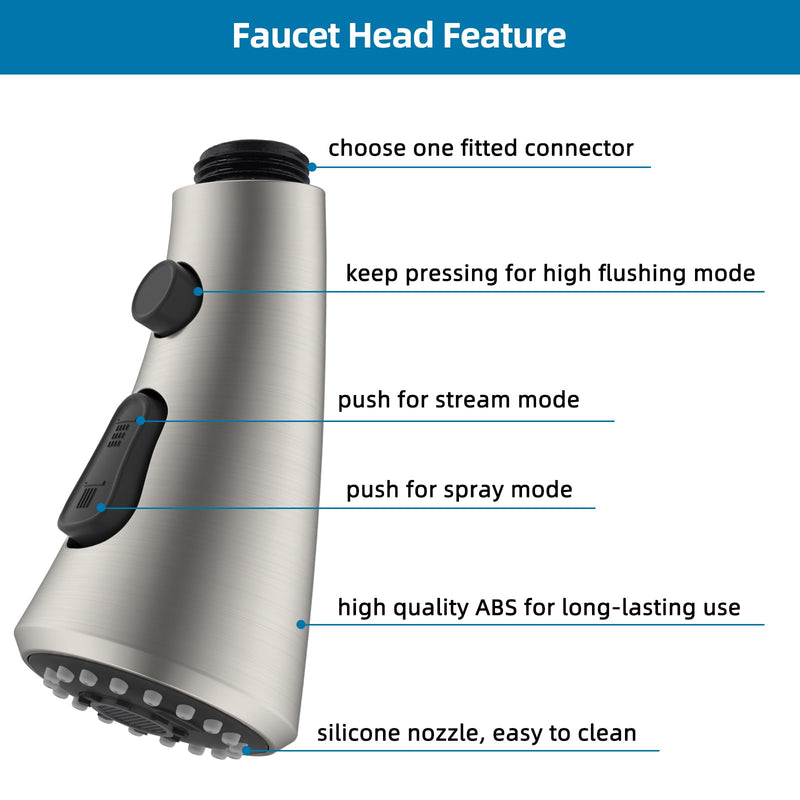 Curve Kitchen Faucet Head Replacement Compatible with Kohler, Included 14 Adapter Kit for Universal Fit Use, Brushed Nickel, 3 Function Pull Down Sink Faucet Spray Head Curve Design