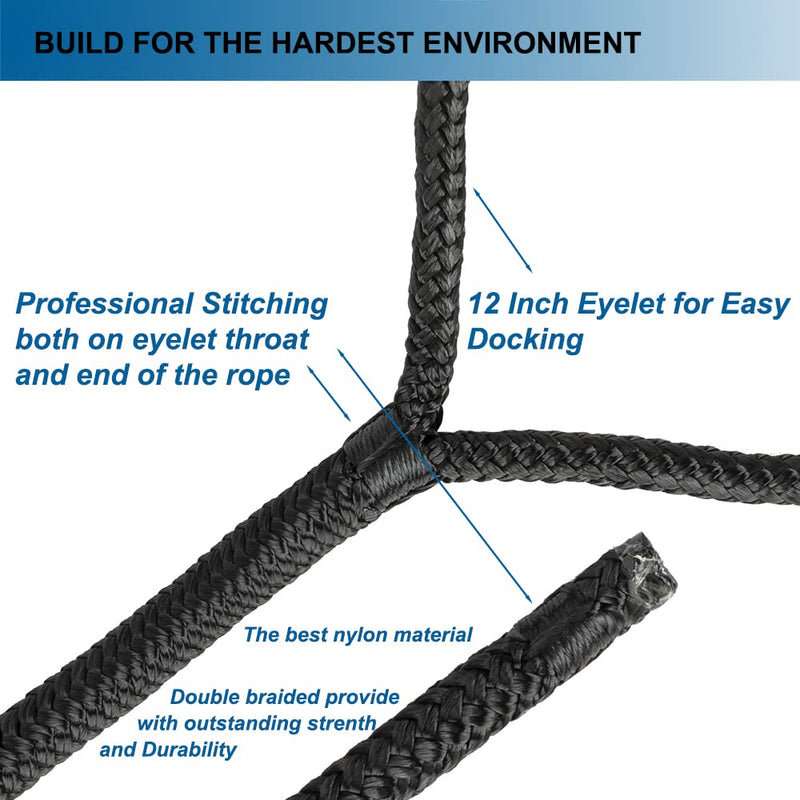 MARINE SYSTEM Double Braided Nylon Dock Lines Rope，3/8 Inch x 15 FT Dock Line with 12 Inch Eyelet for Mooring Boats, Black (2 Pack) For Boat Under 20', 3/8" 2 Pack