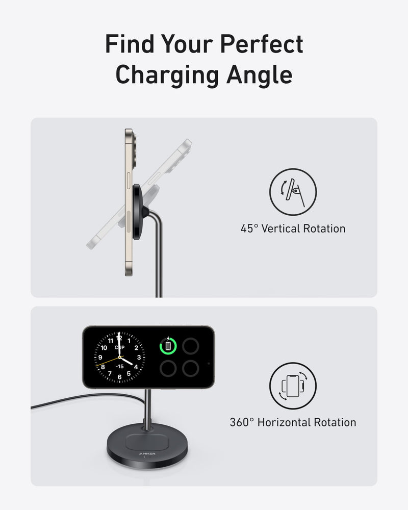 Anker MagSafe Charger Stand Compatible, MagGo 2-in-1 Charging Station, 【Upgraded】 Qi2 Certified 15W Wireless Charger Stand, for iPhone 15/14/13/12, AirPods Pro Black