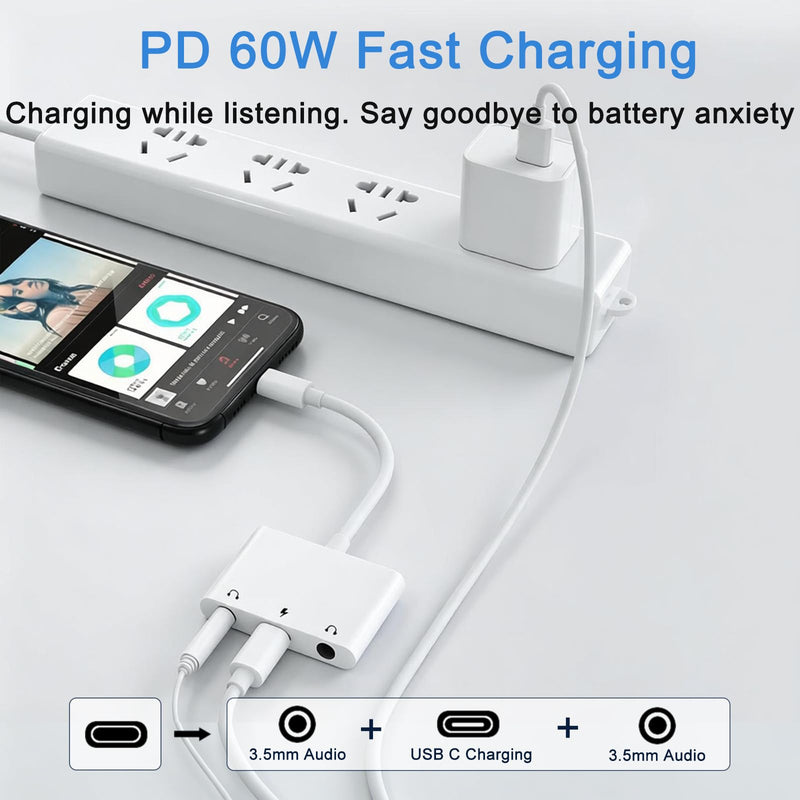 Kemsky USB C Double Headphone Splitter with PD 60W Fast Charging | 3 in 1 Type C to Dual 3.5mm Jacks Audio Adapter for iPhone 17/16/15 Pro/Max/Plus, iPad, Galaxy S23/S24/S25/S26 Ultra
