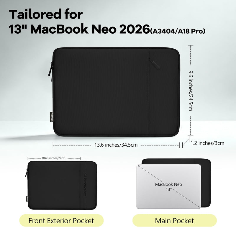 Dadanism 13 Inch Laptop Case for MacBook Neo 13" 2026 A3404/A18 Pro, Black | Protective Case with Shockproof Soft Lining, Slim Travel Bag with Extra Pocket for Mouse Charger & Small Accessories