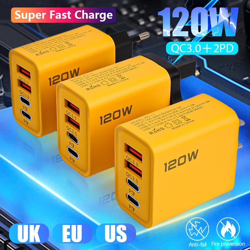 1pcs 120W Fast Charging 4 Ports Mobile Phone Charger Wall Adapter (US) US