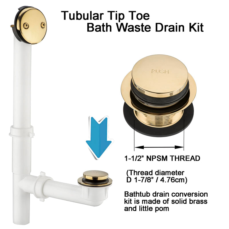 (1 Pack) Yariwiz 1-1/2" Golden Bathtub Tub Drain Kit Bath Waste Overflow Drain Tube Assembly with Touch-Toe Tub Drain Stopper and Overflow Faceplate Gold Style 5