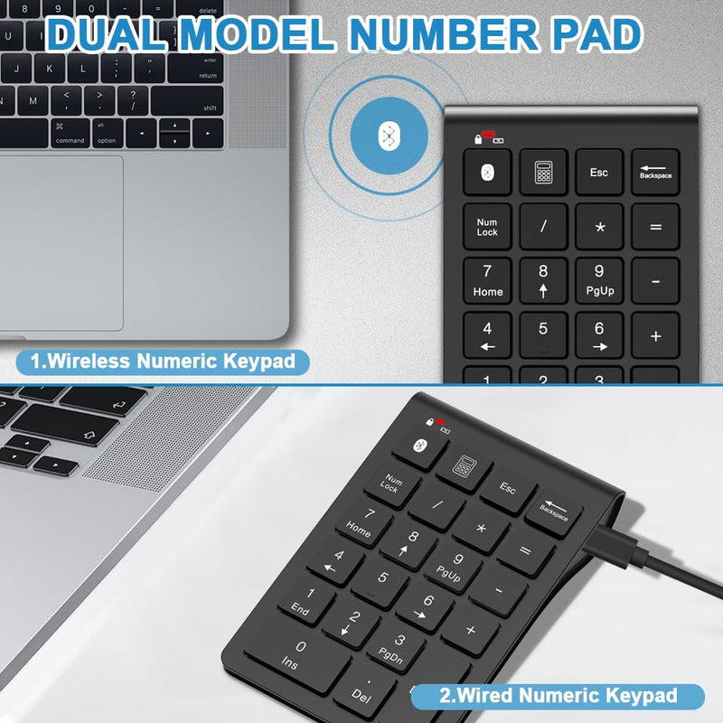 Bluetooth Number Pad Wireless & Wired 10 Key USB Keypad Two in One, Rechargeable Numpad for Laptops, Desktop, Computers Accessories Compatible with MacBook iPads ChromeBook EliteBook Notebook etc. Black