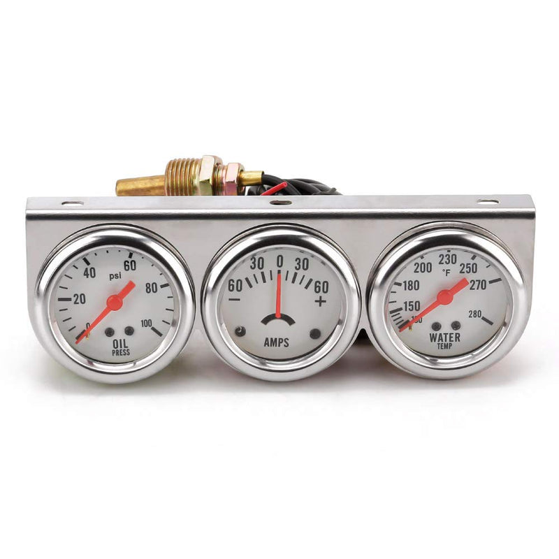 2" 52mm Chrome Panel 3in1 Car Meter Oil Pressure Fahrenheit Water Temp Ammeter Triple Gauge Kit Set White Face