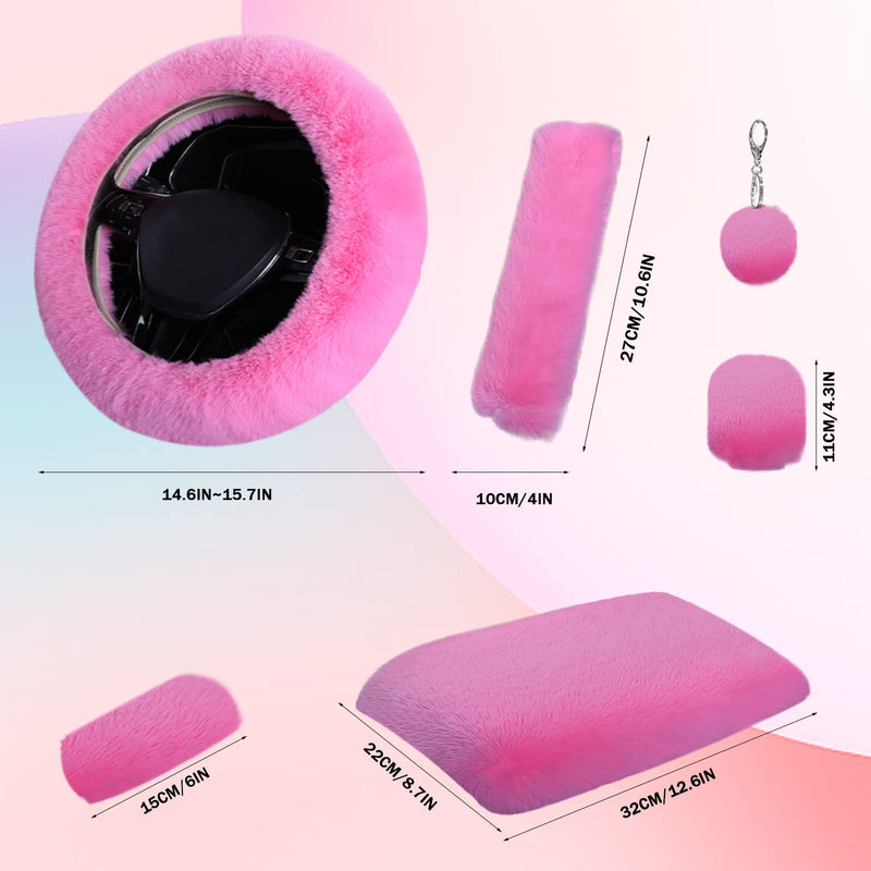 7PCS Set car Interior Aesthetic Accessories, Fluffy 15 inch Steering Wheel Cover, armrest pad, seat Belt Cover,Gear Shift Cover, Fit Girly car Accessories for Women. Pink