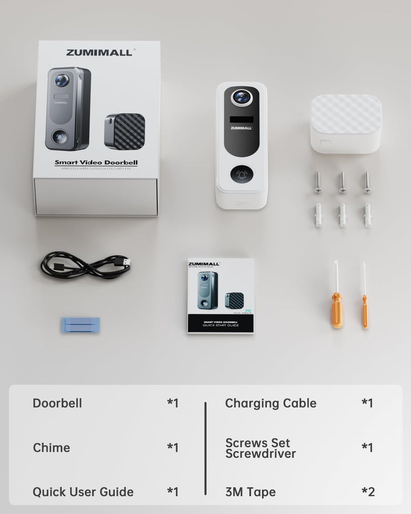 ZUMIMALL Doorbell Camera Wireless, Video Doorbell Wireless with Chime&SD, 2 Way Audio, Voice Changer, 30s Voice Message, Anti-Theft, AI Detection, 2.4Ghz WiFi, Battery Powered, Work with Alexa, White