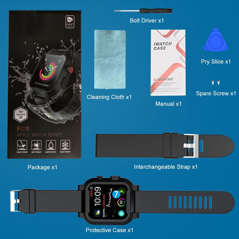 for Apple Watch Waterproof Case 38mm 42mm 40mm 44mm 41mm 45mm, IP68 Waterproof Case for iWatch Series 8 7 6 5 4 3 2 SE SE2, 360° Water proof Shockproof Smartwatch Bumper with Band,Black 38mm waterproof case