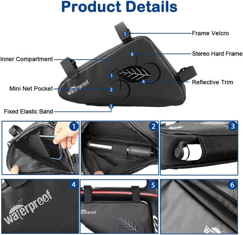 NDakter Bike Bicycle Frame Storage Bag, 2L Waterproof Bicycles Triangle Pouch, Cycling Pack for Phone, Wallet, Keys, Tools, Accessories, Bikes Front Tube Bag for Mountain Road Bike, MTB Bike Bag and Tool Set