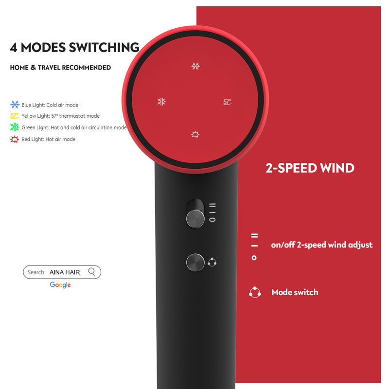 AINA High Speed Hair Dryer,brushless Motor,150,000RPM Lightweight, Ionic&Travel (1A Red) 1a Red