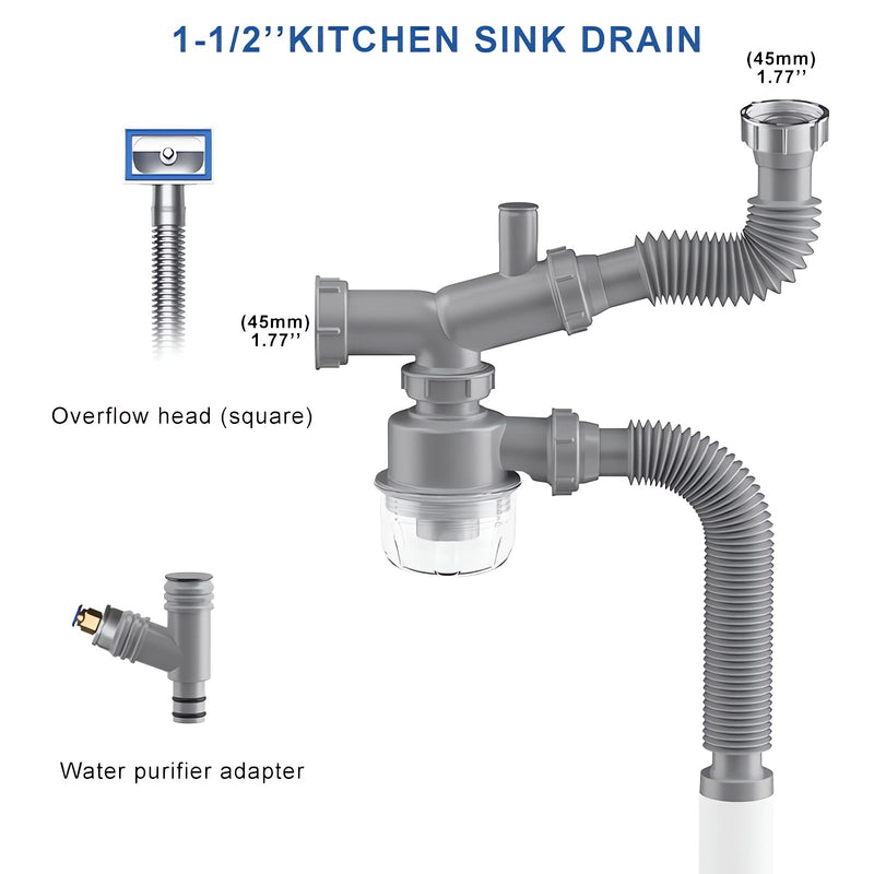 Garbage Disposal Drain Kit, Kitchen Sink P-Trap 1 1/2, Space Saving, Visible, Clog Resistant, Odor Resistant, Easy to Clean Double Sink Drain Gray