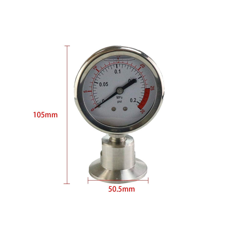 Stainless Steel 2.5" Dial Sanitary Pressure Gauge, Glycerin Filled. 0-30 PSI Range, 1.5" Tri Clamp Bottom Mount