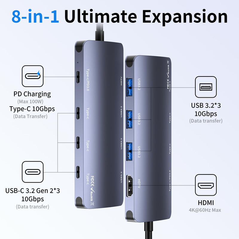 USB C Hub 8 in 1, 4 USB-C+3 USB-A 3.2 10Gbps, 4K60Hz HDMI, 100W PD for Mac | USBC to HDMI Adapter 4K@60Hz, USBC Splitter Docking Station for MacBook Neo/Air/Pro, iPad Pro, iMac, Mac mini, Dell, Surface