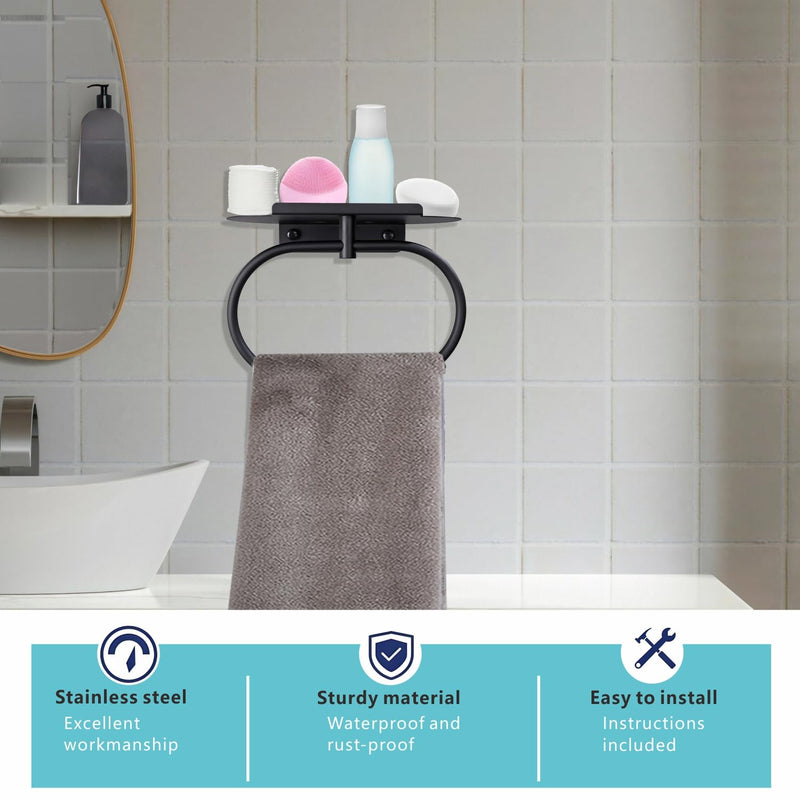 Towel Ring with Shelf, Heavy Duty Stainless Steel Bathroom Hardware, Adhesive No-Drill or Drill Mount Wall Mounted Towel Holder for Bathroom and Kitchen (Black) Black
