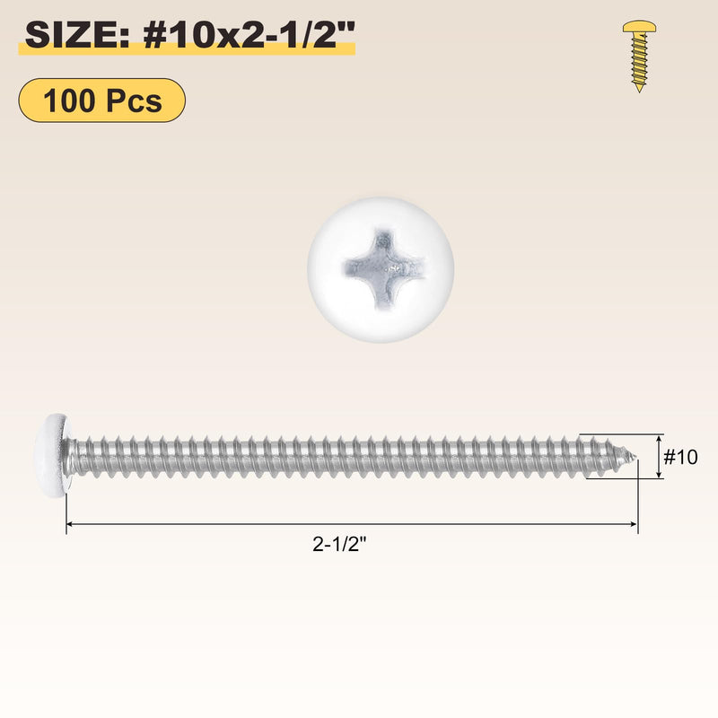 METALLIXITY Phillips Pan Head Self Tapping Screws(#10x2-1/2) 100Pcs, 304 Stainless Steel Self Drilling Screw for Metal Wood Plastic, for Cabinet Wall Shutter Plate Furniture, Silver White #10x2-1/2" 100