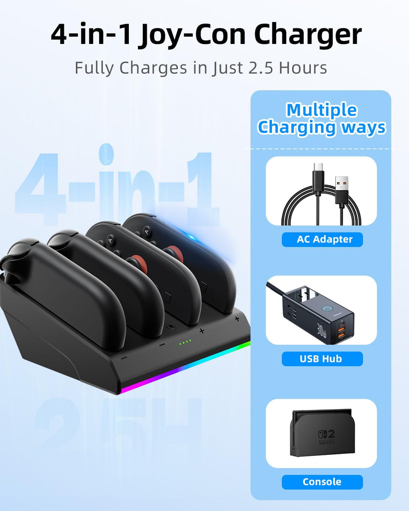 Charging Dock for Nintenndo Switch 2 Joycon, AOJAKI Accessories for Switch 2, Charger Station for Joycon, 4-in-1 Magnetic Fast Charger with RGB Light Modes, Smart Chip, Anti-Slip Base