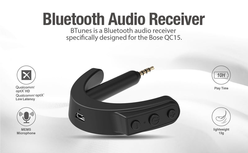 Bluetooth Adapter Receiver for Bose QuietComfort 15 QC15 Headphones- APTX HD,APTX Low Latency(32ms),mic,Volume&Track Control,10-Hour Playtime, Dual Link, Works While Charging
