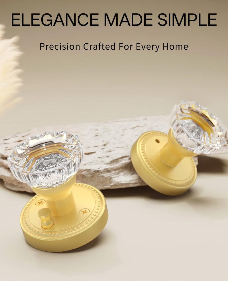 Asidrama 1 Pack Privacy Gold Crystal Door Knob with Lock, Brush Gold Glass Door Knobs Interior for Bedroom or Bathroom, Heavy Duty for Left Right Sided Doors Brushed Gold