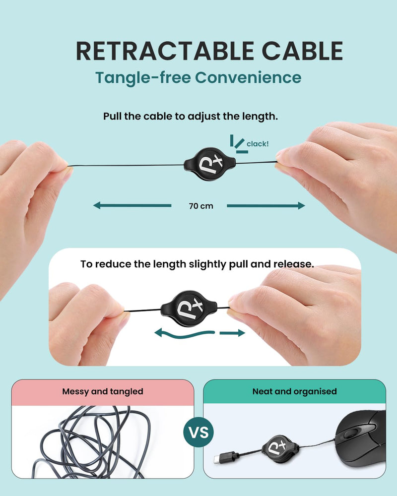 Perixx PERIMICE-405CR Wired Portable USB-C Mouse - Retractable 2.5ft USB-C Cable for Laptop, Tablet, or Smartphone - Silent Click - Black