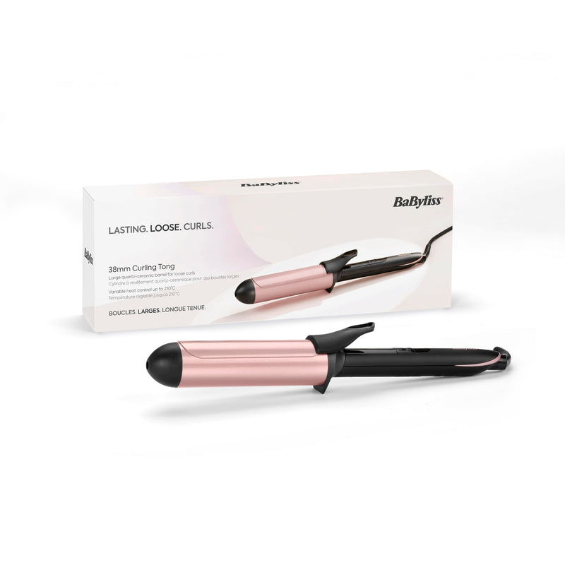 Babyliss Rose-Quartz 38mm Curling Tong - Natural Waves & Big Curls, Pink | Curling Iron For Large Curls, Quartz-Ceramic, Long Barrel, 6 Heat Settings, Fast Heat-Up, Auto Shut Off, Heat Mat, 2453U Pink - 38mm Tong