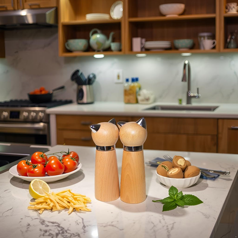 Manual Pepper Mill & Salt Grinder - Wood Adjustable Refillable Pepper Mill with Cat Design,Cute Kitchen Gift with Handle (7.6" Height)