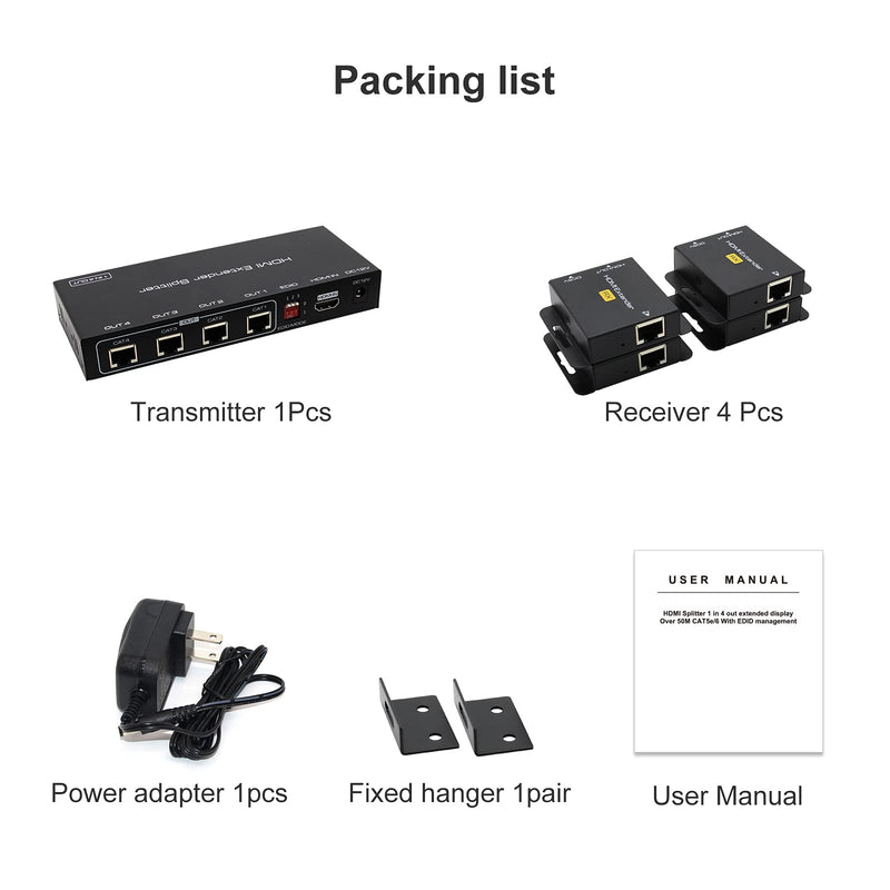 VPFET HDMI Extender Splitter Up to 165ft 1 in 4 Out Over Cat5e or 6 or 7 Repeater Balun Ethernet Sender Transmitter Receiver Support 1080p EDID Presets POC is Only Need TX Power for Work