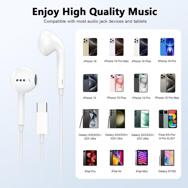 Apple Wired Headphones USB C Wired Earbuds for iPhone 17 16 Pro Max 16 | USBC in-Ear Headphones Wired Ear Buds Type C iPhone 16 Earbud Earphones Headsets White-USBC