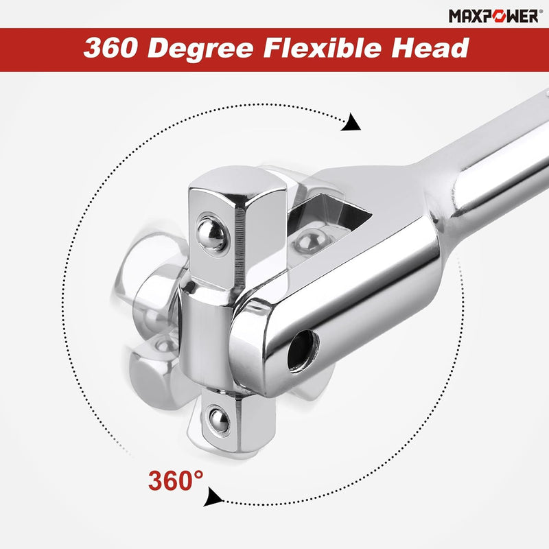 MAXPOWER Extendable Breaker Bar, Dual Head 1/2" & 3/8" Drive 360° Flex Head Cheater Bar, 5-Gear Extending Locking, Extendable Handle 13-3/8" to 18" Dual drive