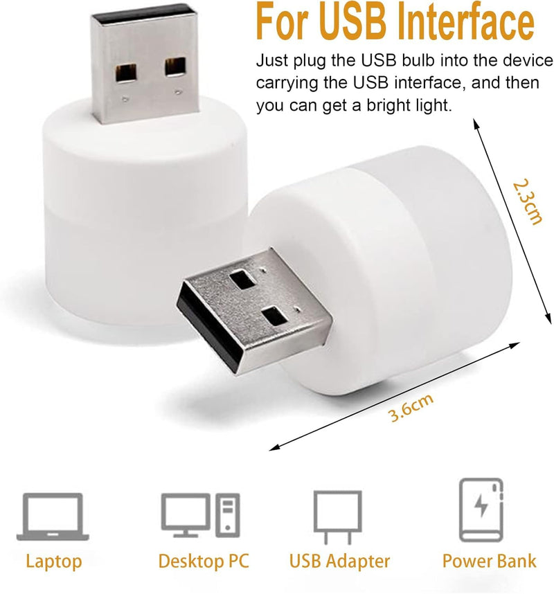 6-Pack USB Mini Night Lights, Warm White LED Plug-in Lamps, Portable 0.5W USB-A Nightlight Bulbs for Bedroom, Dorm, Hallway, Car, Camping, Power Bank