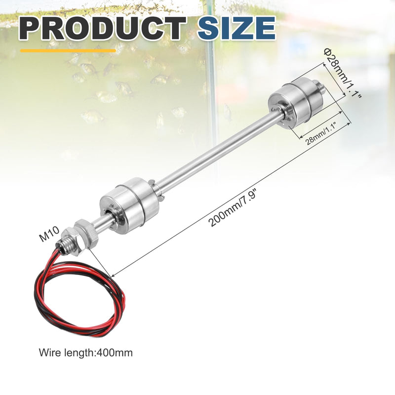MECCANIXITY Stainless Steel Float Switch, 200mm Rod 110V DC 0.5A Vertical Water Level Sensor M10 Thread Double Tank Liquid Level Controller for Pump/Alarm 1 Pcs